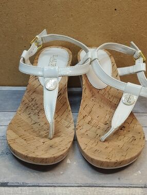 Lauren Ralph Lauren White Patent Leather Cork Wedge Thong Sandals